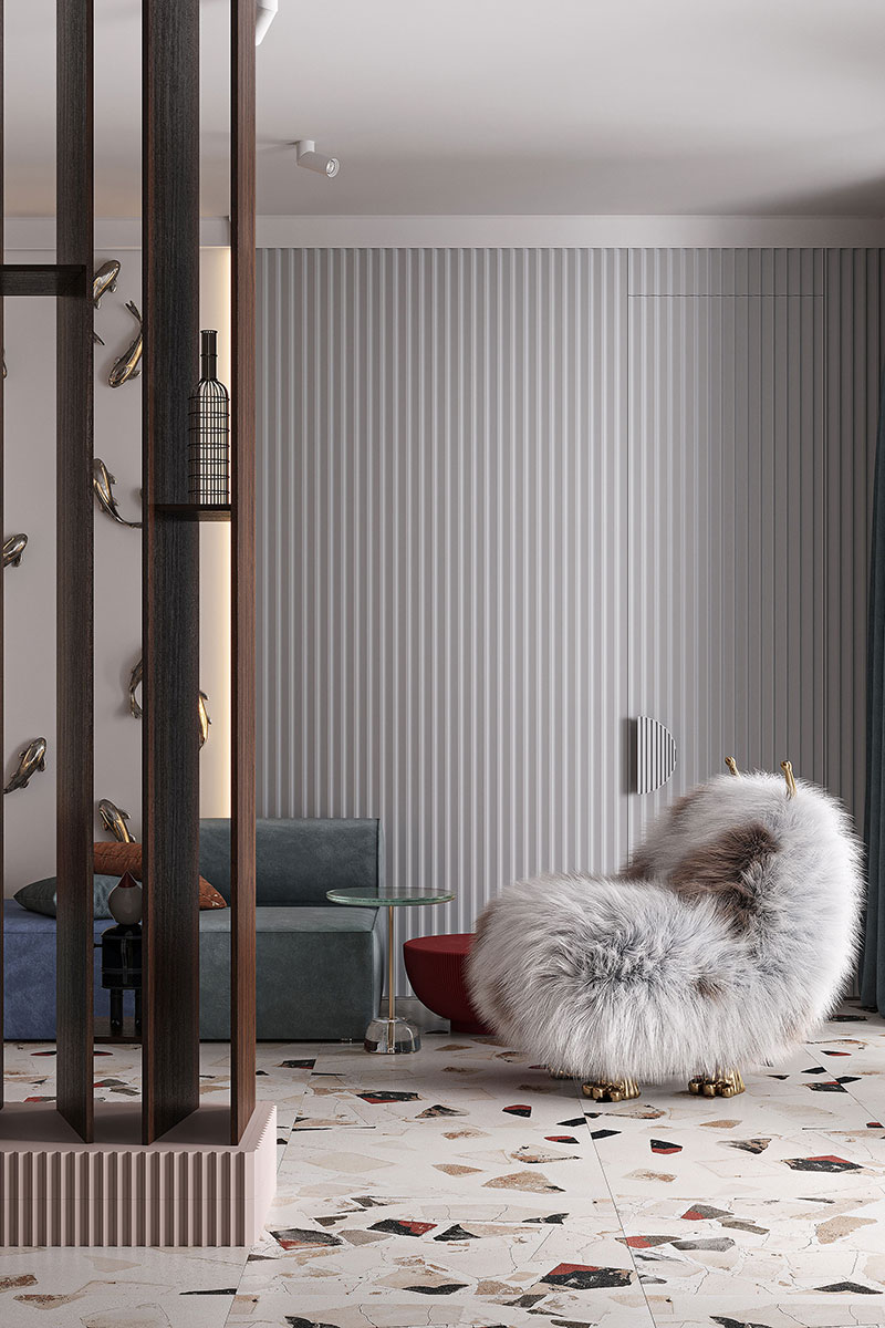 Panelled living room with Gaudi profiles, view 2