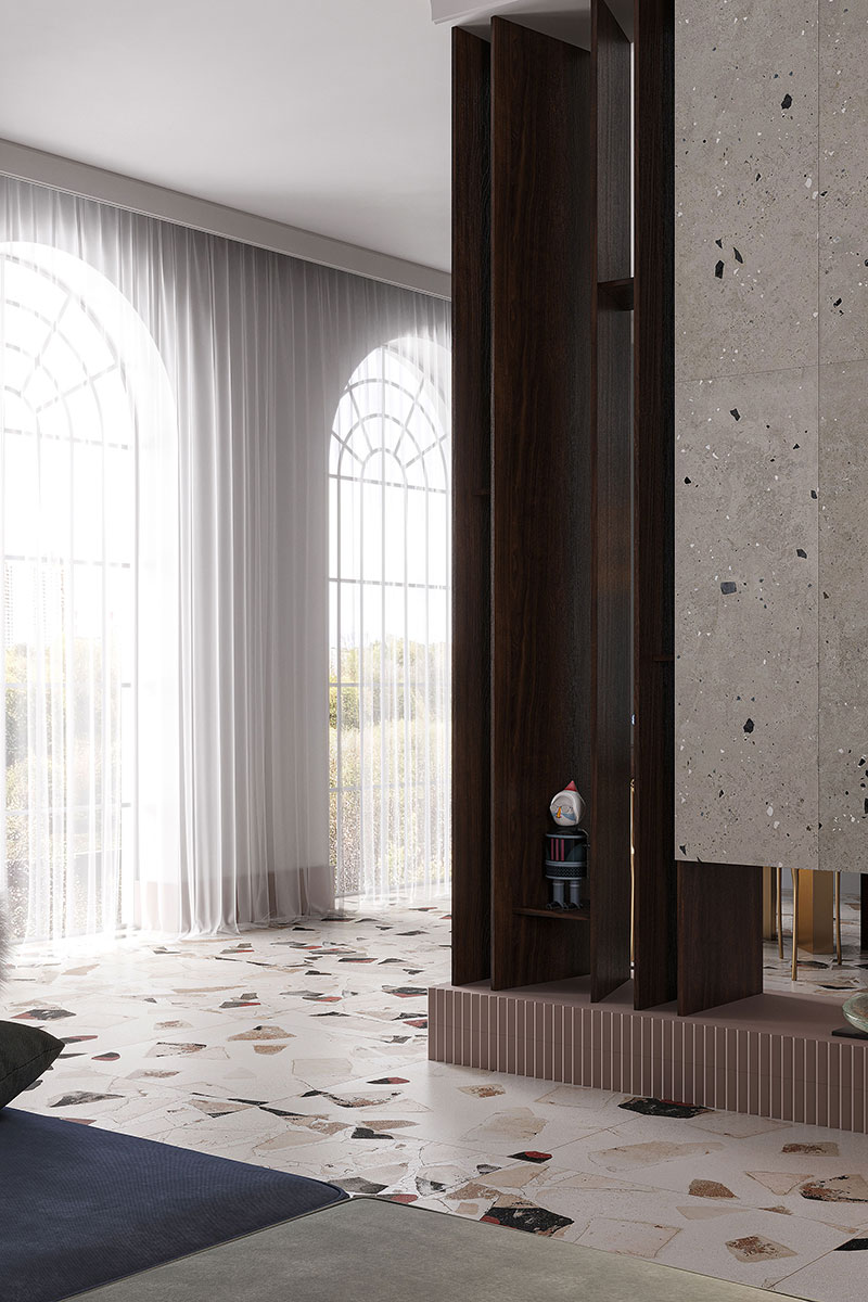 Panelled living room with Gaudi profiles, view 3